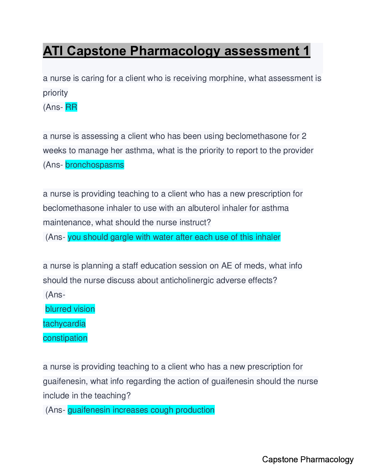 Preview of ATI Capstone Pharmacology assessment 1: Questions & Answers; Latest Updated : Guaranteed A